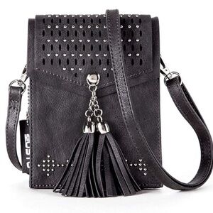 NWOT Dark Gray Crossbody Bag with Tassel Fringe, Studded
